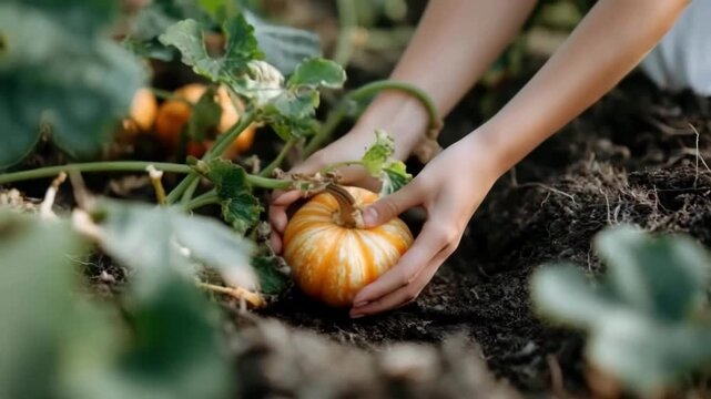 A young woman with long brown hair tends to a pumpkin patch in a lush green field. Rows of vibrant leaves surround her as she inspects the plants.