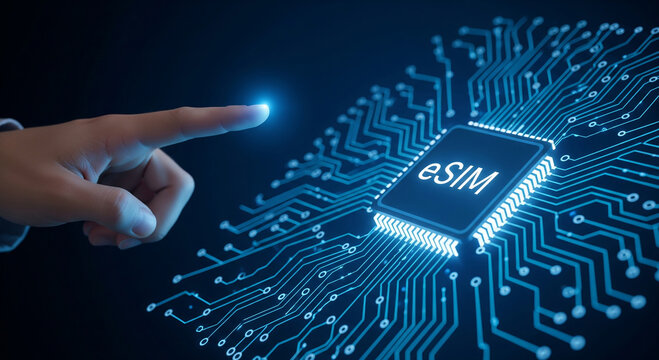 Finger touching a glowing esim chip on a circuit board, representing the technology of embedded sim cards for mobile devices and iot connectivity