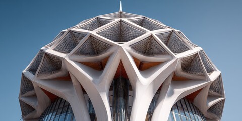 Intricate modern architectural dome with a geometric pattern and spire against blue sky.