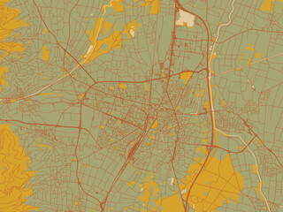 Contemporary flat map of Colmar, France design with sage/olive tone field with rust networks and ochre shapes, cream water.