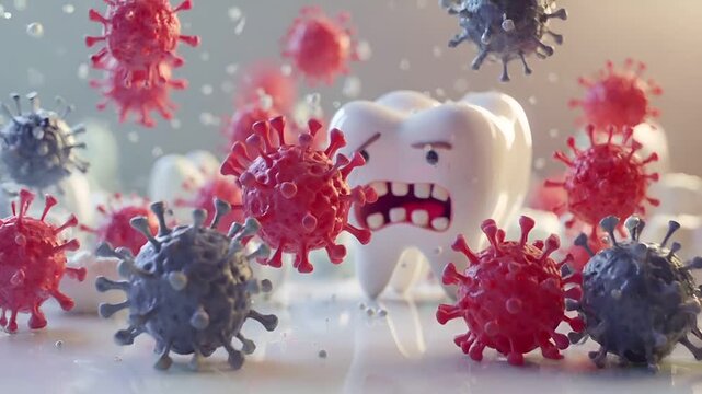 3D animated tooth character with a distressed expression, surrounded by a backdrop of microscopic organisms and bubbles. The tooth appears to be in a state of distress.