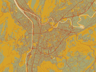 Vector-style flat map of Grenoble, France with sage/olive tone field with rust networks and ochre shapes, cream water.