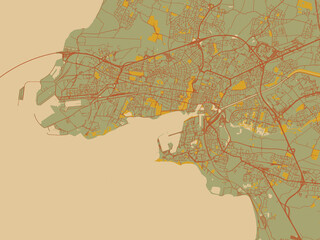 Abstract flat-design map of La Rochelle, France, featuring sage/olive tone field with rust networks and ochre shapes, cream water.
