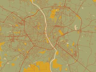 Decorative flat city map of Laval, France using olive backdrop with warm rust street network and ochre blocks.