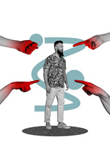 Vertical collage young man finger gesture pointing pressure rude communication showing nonverbal...