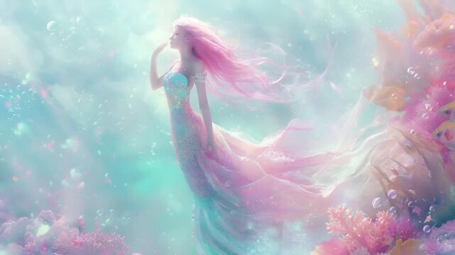 A vivid underwater scene featuring a mermaid with flowing pink hair and a shimmering tail. The mermaid is surrounded by a myriad of marine life, including fish and coral formations.