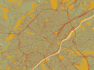 Graphic flat color map of Limoges, France in sage green ground with rust-red roads and ochre accents.