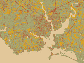 Vector-style flat map of Lorient, France with muted sage base, rust-colored roads, and soft ochre highlights.