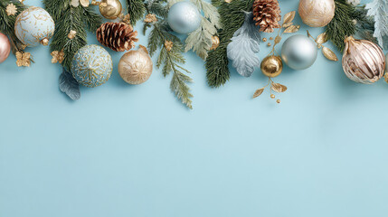 Banner with Christmas ornaments and fir branches arranged on a blue background. Minimal layout with empty space for text, cozy and festive holiday atmosphere.