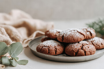 Close-up of oatmeal cookies on a plate, sprinkled with powdered sugar. Cozy and appetizing scene, perfect for holiday or dessert concepts.