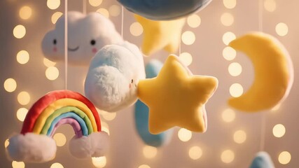 Cute plush baby mobile with smiling clouds, a rainbow, moon, and stars under soft bokeh lights - Powered by Adobe