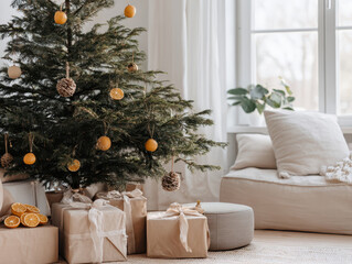 Minimalist interior with a Christmas tree decorated with eco-friendly ornaments, pine cones, and dried oranges. Cozy and natural festive atmosphere with simple and sustainable holiday decor.