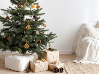 Eco-friendly Christmas tree in a minimalist interior decorated with pine cones and dried oranges. Sustainable and cozy holiday design emphasizing natural textures and warm lighting.