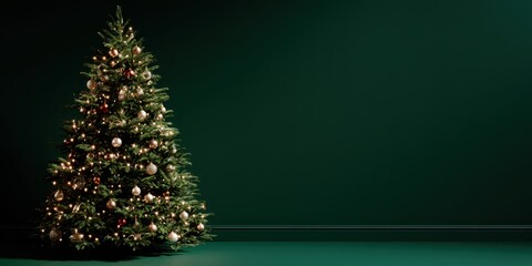 Christmas tree decorated with fairy lights on a green background in a green room. Minimal banner layout with empty space for text, cozy festive atmosphere.