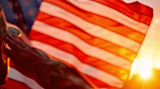 The military salute of a US Army Soldier stands against the background of the US flag