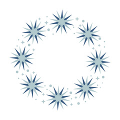 Obraz premium Round holiday frame of large and small snowflakes. Star shapes. Flat vector design. Blue and gray color. Christmas, New Year.
