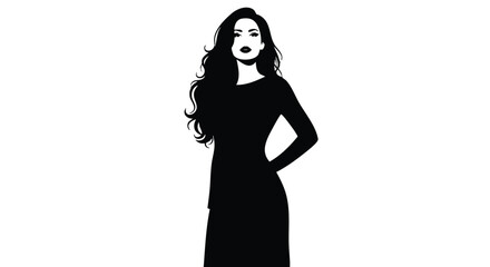Black Silhouette of a Woman in Elegant Dress with Flowing Hair