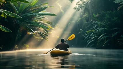 A man kayaking on a serene river surrounded by lush green foliage and sunlight filtering through the dense canopy.