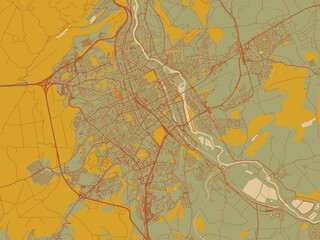 Vector-style flat map of Nancy, France with sage green ground with rust-red roads and ochre accents.