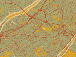 Obraz premium Stylized minimalist map of Nanterre, France in sage green ground with rust-red roads and ochre accents.