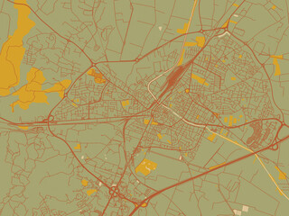 Modern flat map poster of Narbonne, France in olive backdrop with warm rust street network and ochre blocks.