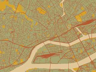 Obraz premium Graphic flat color map of Nantes Centre, France in muted sage base, rust-colored roads, and soft ochre highlights.