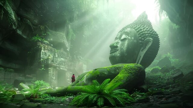 A vivid portrayal of a colossal Buddha statue in a lush, green forest setting. The statues face is serene, with a calm and reflective demeanor.
