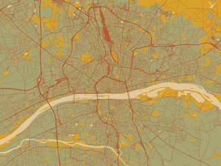 Graphic flat color map of Orleans, France in muted sage base, rust-colored roads, and soft ochre highlights.