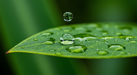 Macro shot of a water droplet falling onto a green leaf in nature