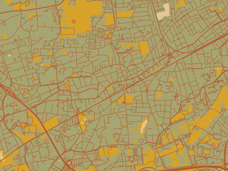 Vector-style flat map of Pessac, France with sage green ground with rust-red roads and ochre accents.