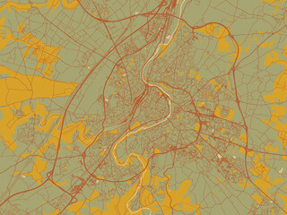 Contemporary flat map of Poitiers, France design with olive backdrop with warm rust street network and ochre blocks.