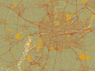 Modern flat map poster of Rennes, France in earthy sage background with rust roadways and ochre details.