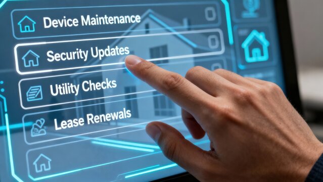 Real estate business management concept. Interactive interface for managing security updates and property maintenance tasks.