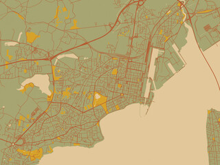 Poster-ready flat map of Saint-Nazaire, France, earthy sage background with rust roadways and ochre details.