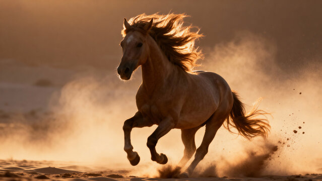 galloping. A majestic stallion galloping through desert haze, mane flowing in sunset light. inspiring travel planning, wildlife magazines, designed for eco-tourism storytelling.
