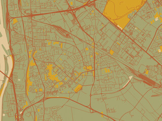 Fototapeta premium Decorative flat city map of Venissieux, France using sage green ground with rust-red roads and ochre accents.