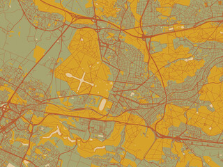 Vector-style flat map of Versailles, France with earthy sage background with rust roadways and ochre details.