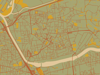 Modern flat map poster of Vaulx-en-Velin, France in sage green ground with rust-red roads and ochre accents.