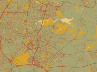 Fototapeta premium Stylized minimalist map of Villeneuve-Ascq, France in muted sage base, rust-colored roads, and soft ochre highlights.