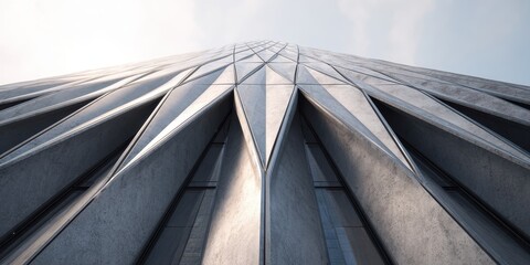Dramatic low angle view of a contemporary concrete facade with sharp geometric lines.