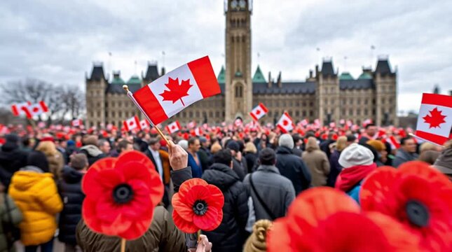 crowd holding small red poppies and Canadian flags in front of Parliament Hill, Ottawa.