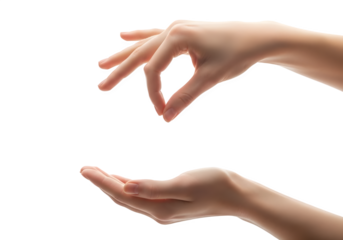 Hands offering concept: isolated graceful hand gesture delivering or presenting something into another receiving hand against black background