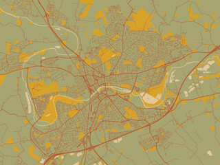 Minimalist flat city map of Bedford, United Kingdom with sage/olive tone field with rust networks and ochre shapes, cream water.