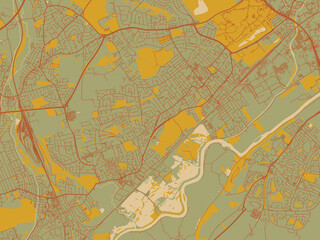Decorative flat city map of Beeston, United Kingdom using earthy sage background with rust roadways and ochre details.