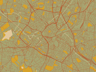 Graphic flat color map of Birmingham Center, United Kingdom in earthy sage background with rust roadways and ochre details.