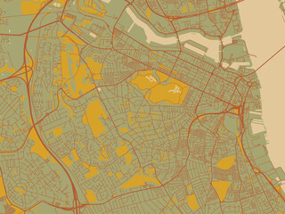 Obraz premium Flat painterly map of Birkenhead, United Kingdom in muted sage base, rust-colored roads, and soft ochre highlights.