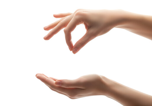 Hands offering concept: isolated graceful hand gesture delivering or presenting something into another receiving hand against black background - Powered by Adobe