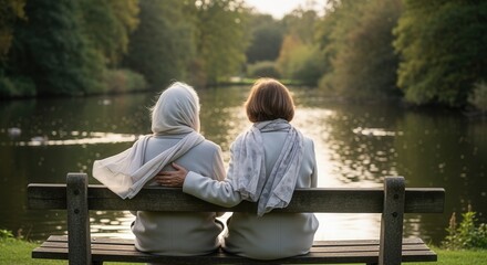 Rear view of two senior women sitting on a park bench looking at a lake. Older friends sharing a moment of companionship and support. Retirement lifestyle concept