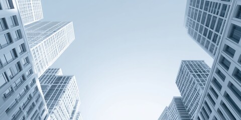 Worms eye view of modern skyscrapers reaching into a clear blue sky.