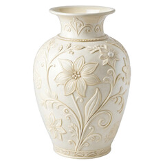 Watercolor Cream ceramic vase with embossed floral carvings isolated on a transparent background